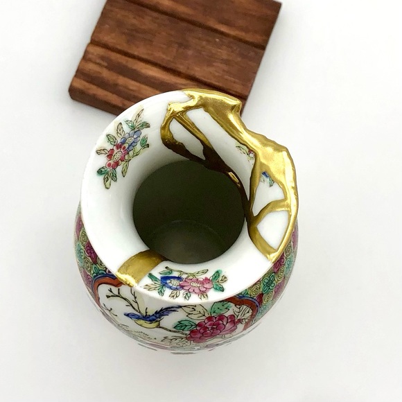 Kintsugi Vase Chinese Vtg Famille Rose Medallion Gold Crack Japanese Growth Gift - Picture 11 of 13